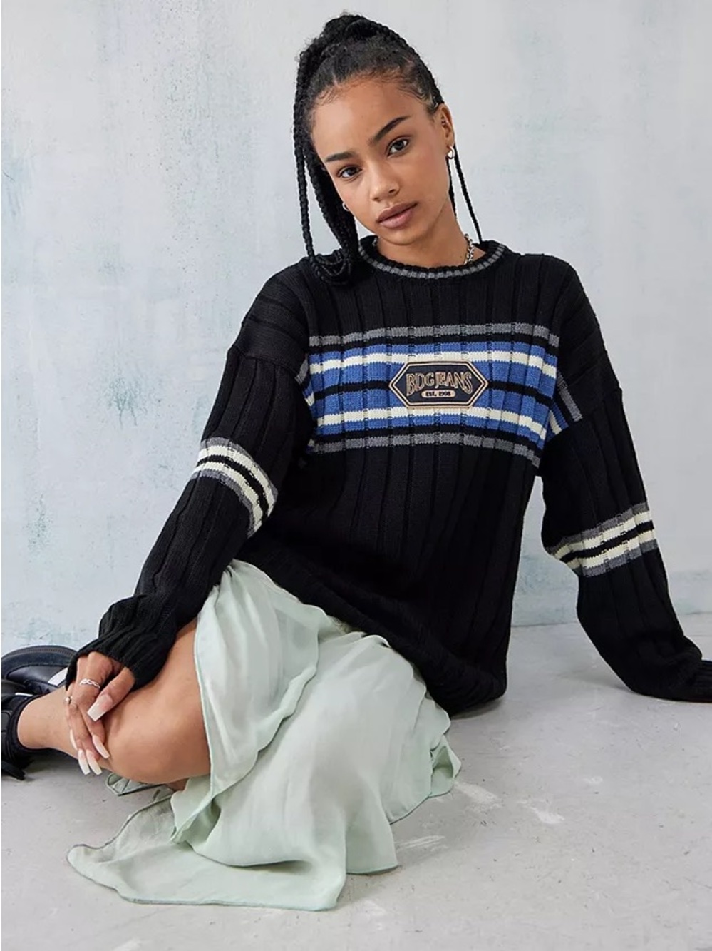 BDG Striped Knit Boyfriend Sweater with Blue Stripe Panel